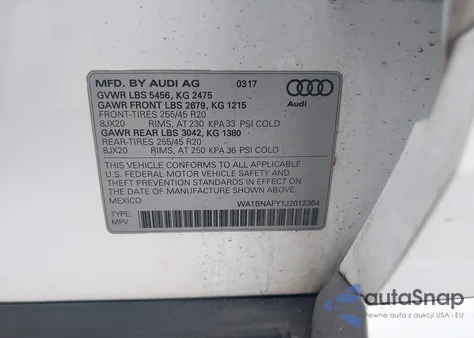 2018 Audi Q5 2.0T Premium/2.0T Tech Premium z USA, uszkodzony, nr VIN WA1BNAFY1J2012364